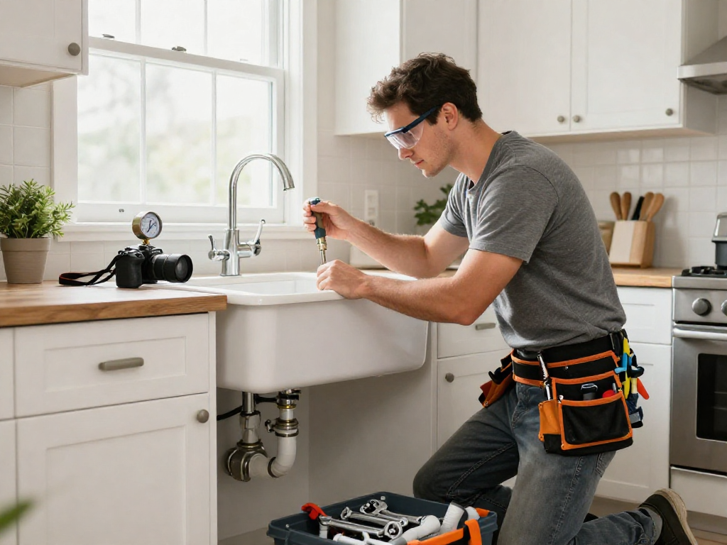 Plumbing service Fort Worth professional plumber repairing a kitchen sink, showcasing tools and bright kitchen setting.
