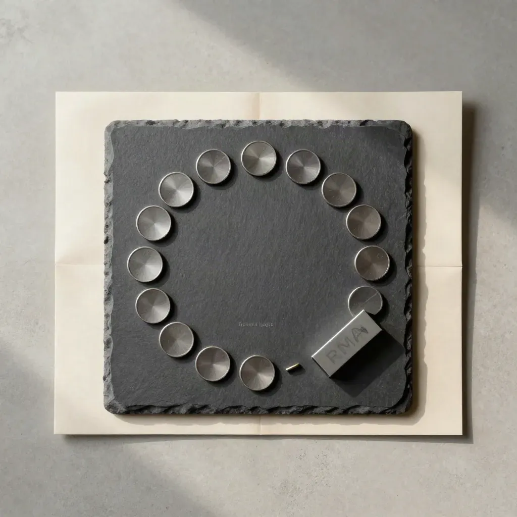 Overhead slate module with reason tokens, pouch, and route block on pale concrete