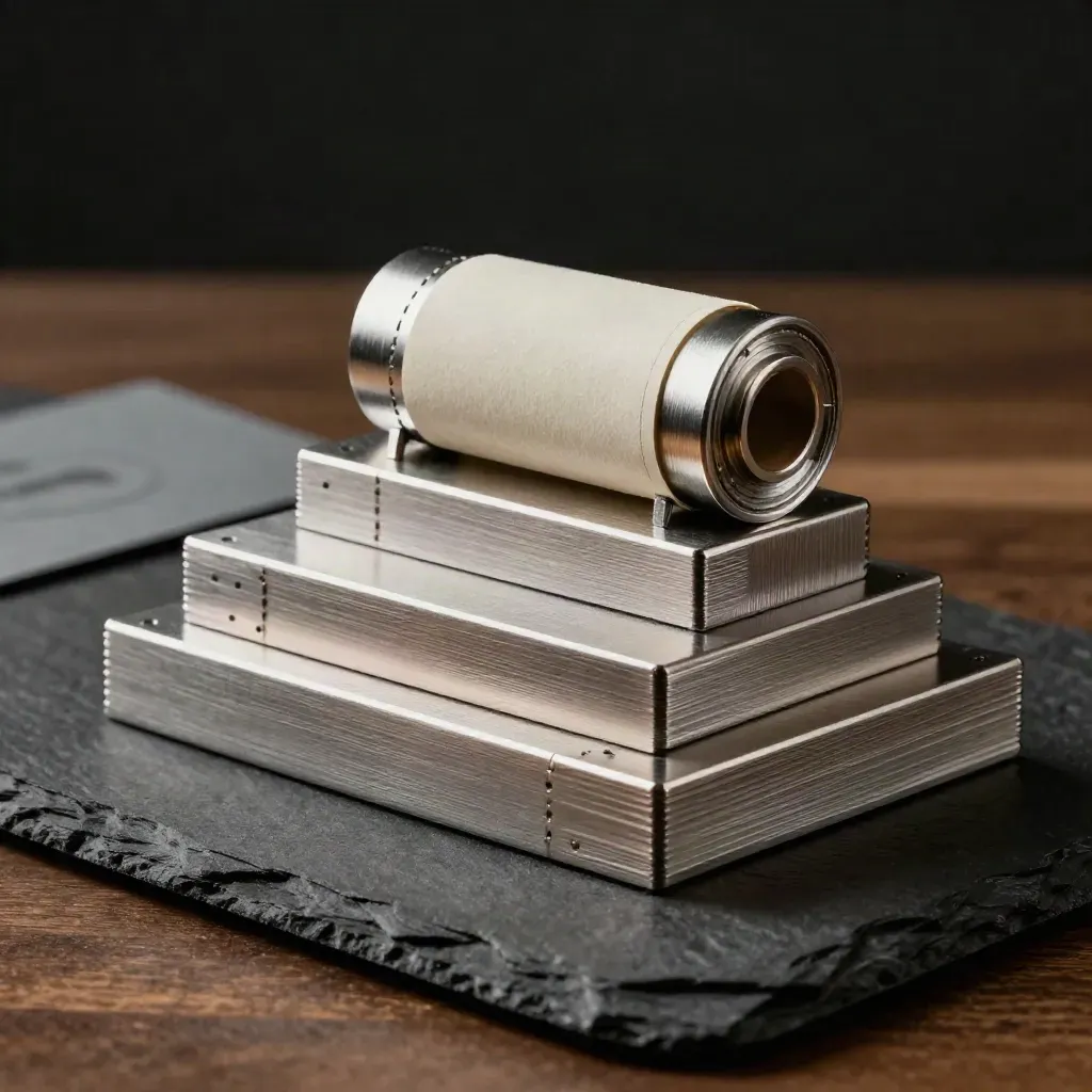 Brushed-metal returns stack with parcel sleeve and label roll on a dark studio plinth.
