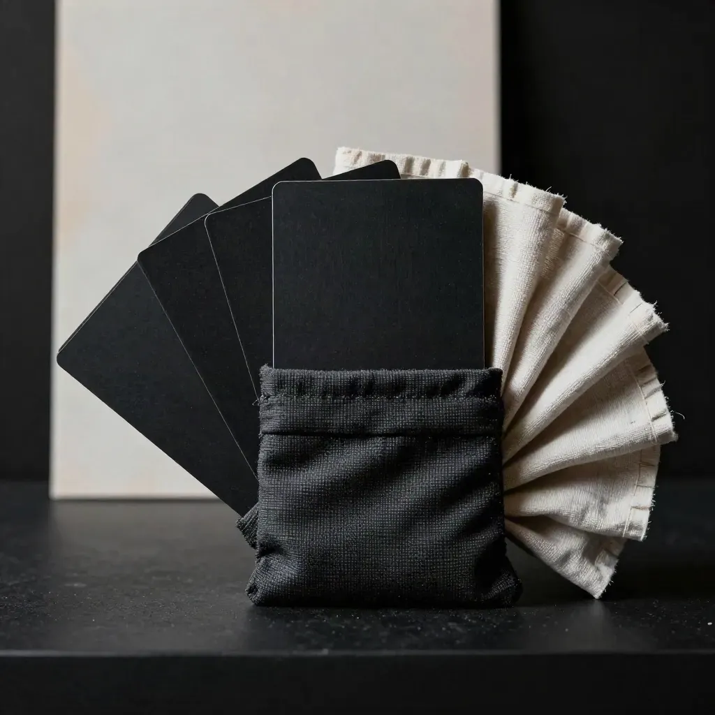 Matte black exchange kit cards, looped pouch and pale wrap on a dark studio surface.